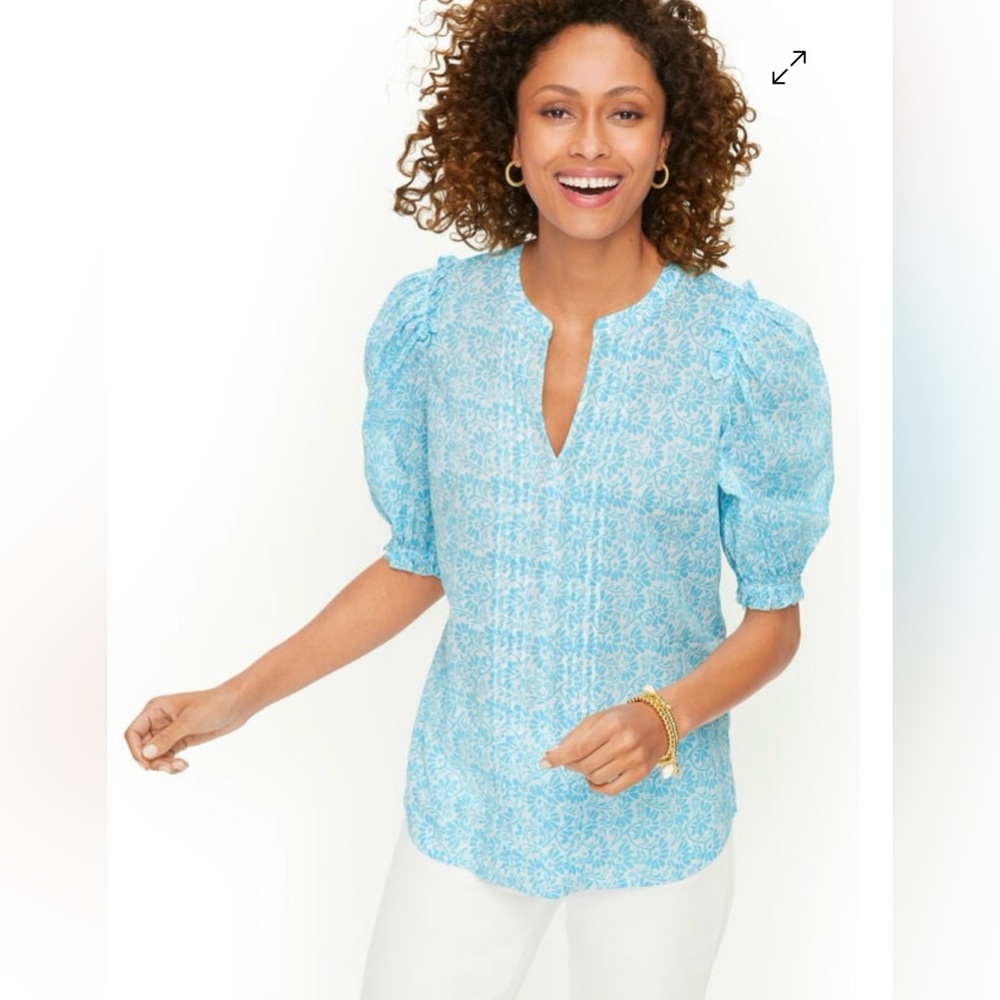 Talbots Blue Puff Sleeve V-Neck Women's Top Size M
